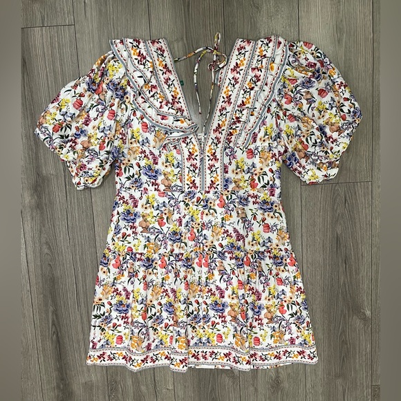 FARM RIO Off-White Greek Garden Ruffled Floral-Print Linen Blend Mini Dress XL - Picture 9 of 10